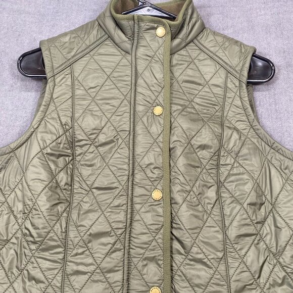 Barbour Olive Green Quilted Vest With Gold Snap Buttons & Pockets Womens Size 6 - Picture 9 of 11